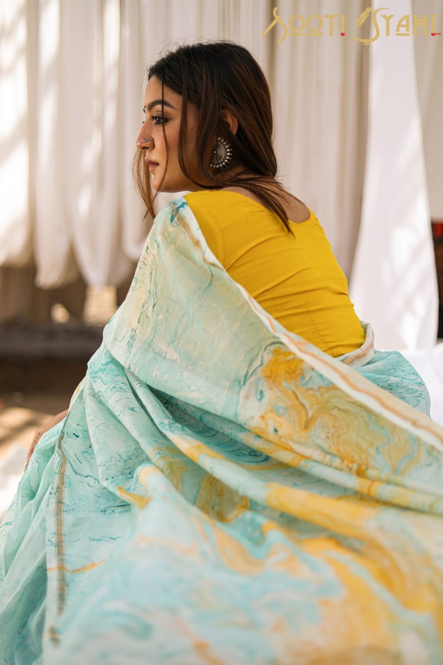 "HALCYAN" MARBLE PRINT CHANDERI SILK SAREE - SootiSyahi