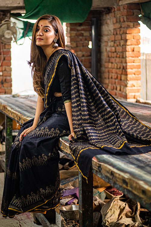 Hand Block Printed Chanderi SIlk Saree - SootiSyahi