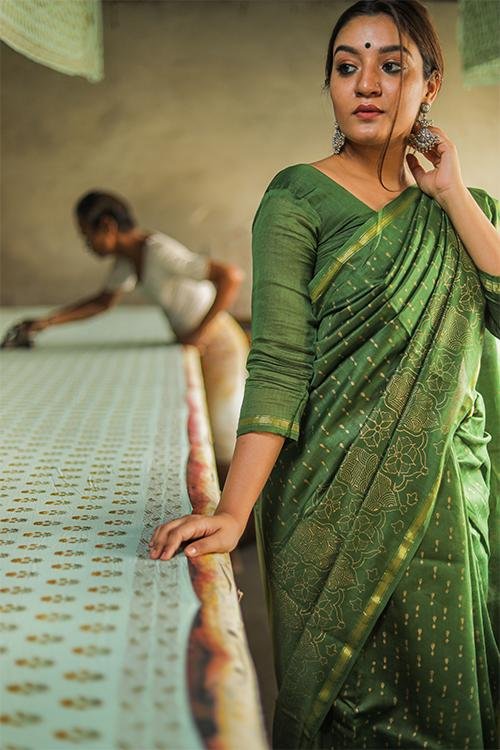 Handblock Print Chanderi Silk Saree - SootiSyahi