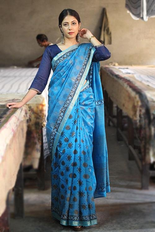 Handblock Print Maheshwari Silk Saree - SootiSyahi