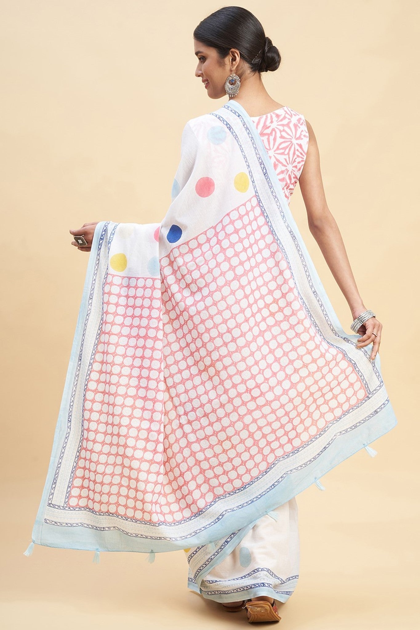 "Ocean Pearls'' Block Printed Cotton Saree - SootiSyahi