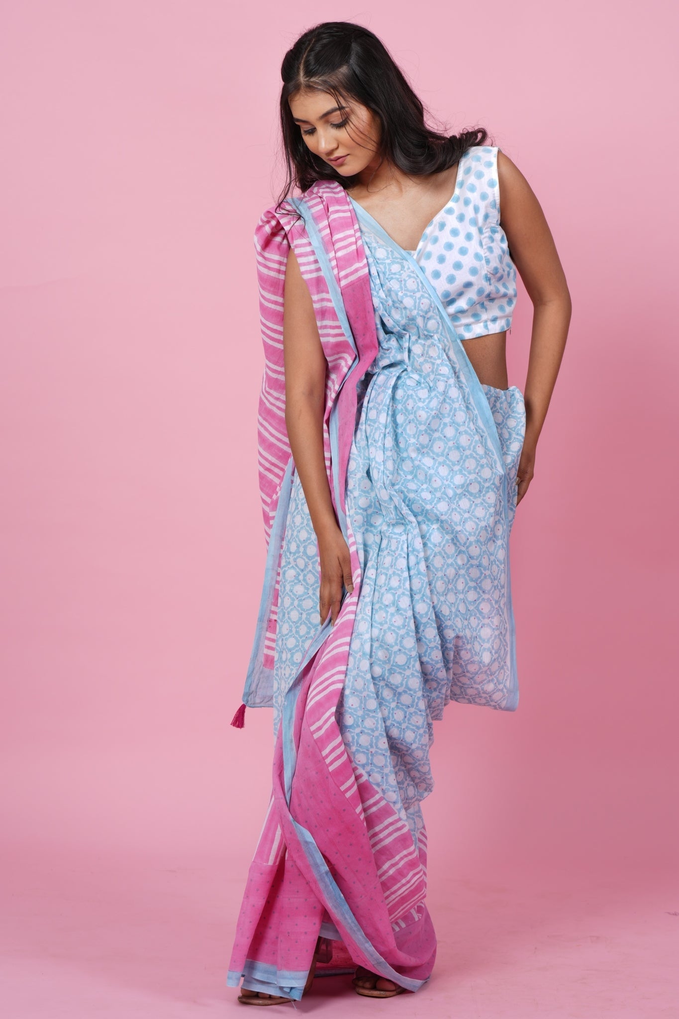 "Paradise Pink" HANDBLOCK PRINT MUL COTTON SAREE - SootiSyahi