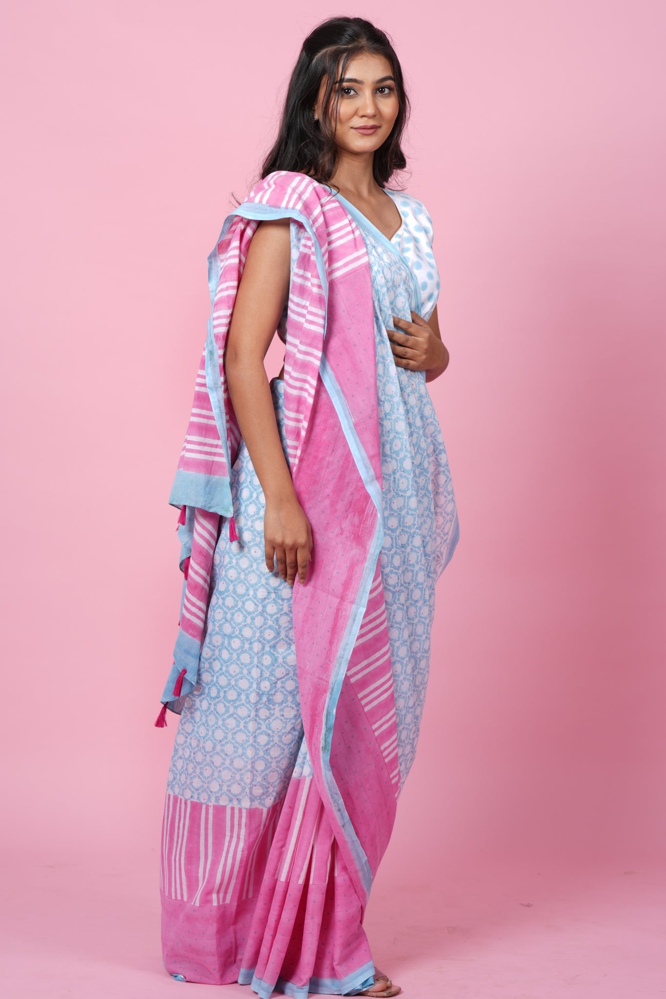 "Paradise Pink" HANDBLOCK PRINT MUL COTTON SAREE - SootiSyahi