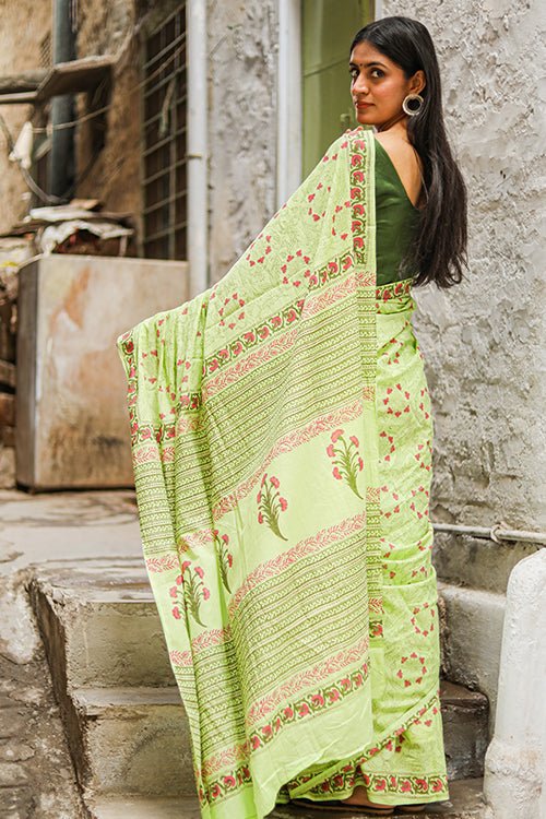 "PERSEVERANCE" HANDBLOCK PRINTED MUL COTTON SAREE - SootiSyahi