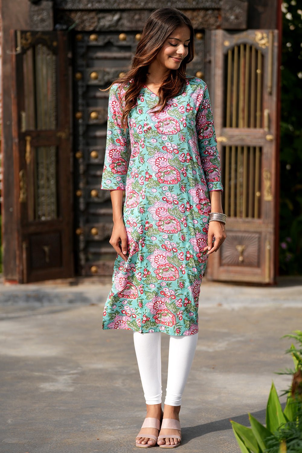 Pink Lemonade Oasis Handblock Printed Cotton Kurti - SootiSyahi