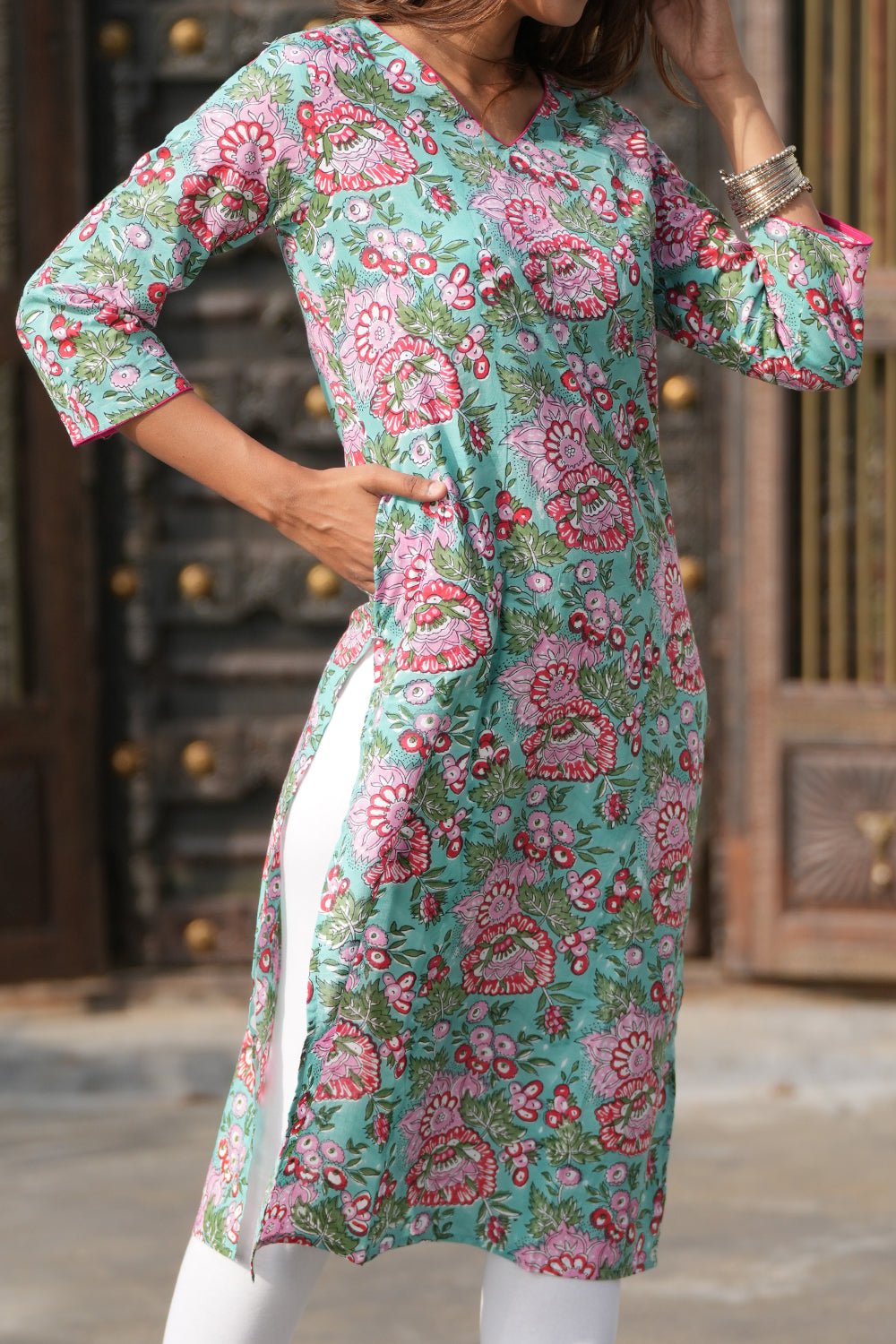 Pink Lemonade Oasis Handblock Printed Cotton Kurti - SootiSyahi