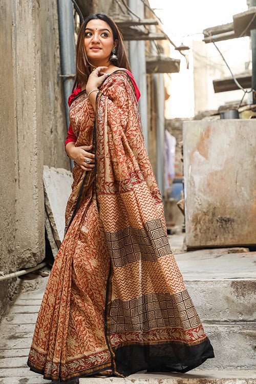 "SEPIA" BAGRU HANDBLOCK PRINT CHANDERI SILK SAREE - SootiSyahi