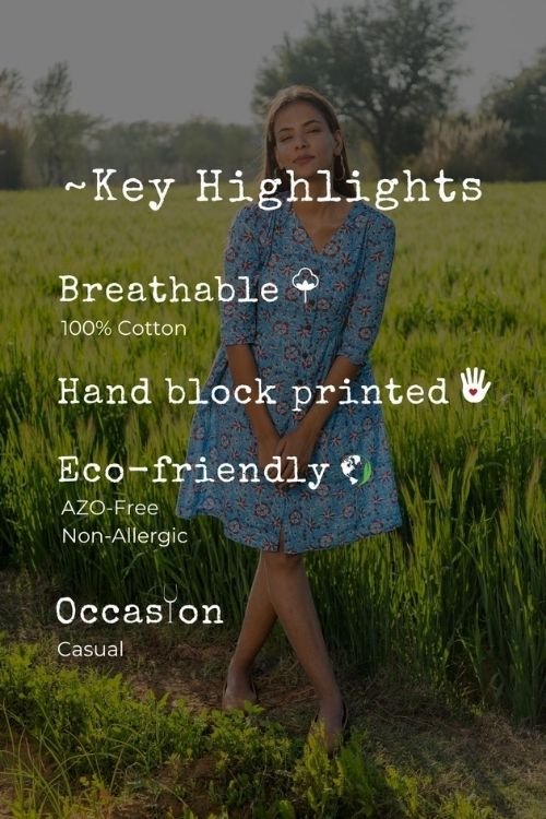 Sootisyahi 'Bloom in the Sky' Azofree Handblock Printed Pure Cotton Dress - SootiSyahi