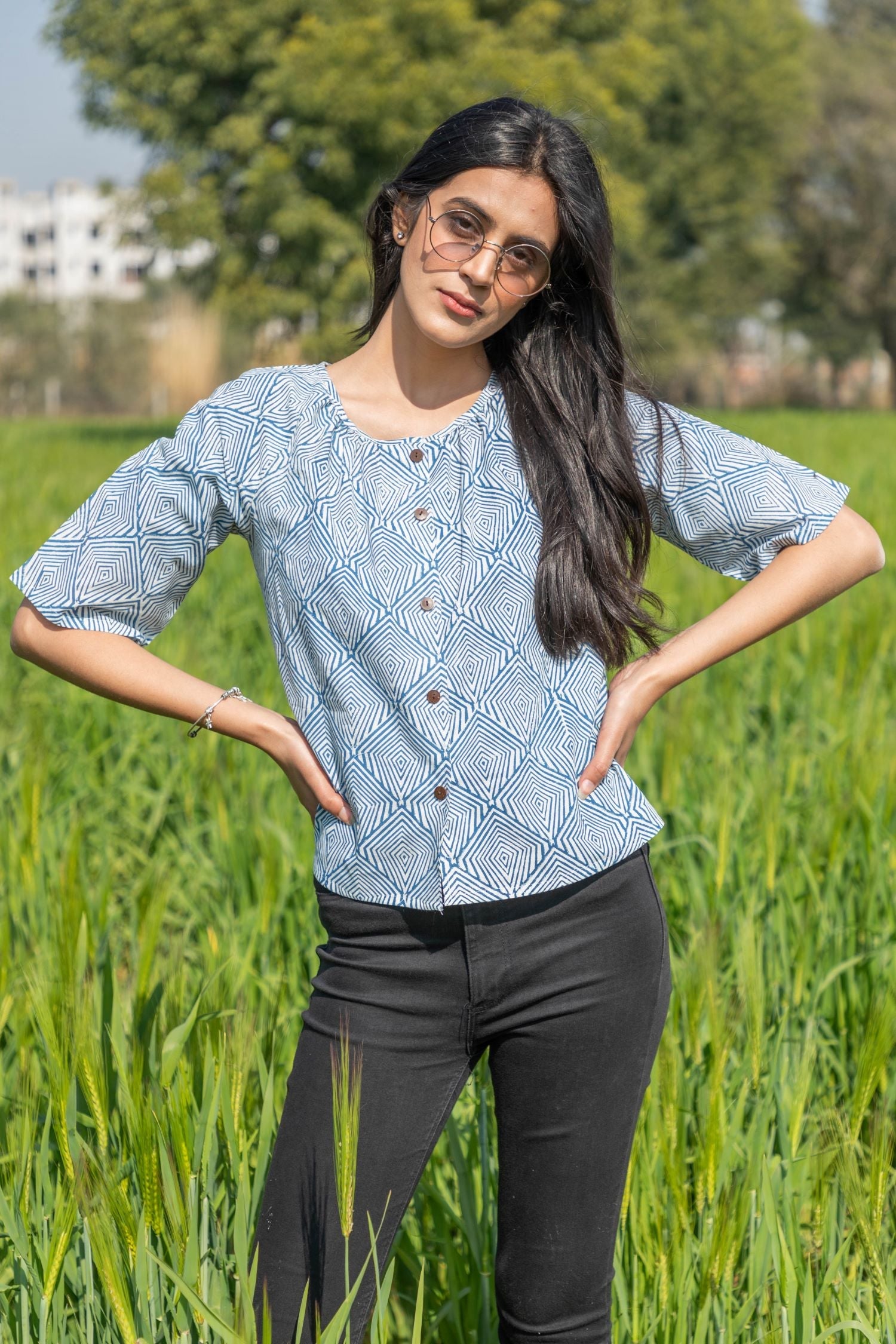 Sootisyahi 'Breezy Mint' Azofree Handblock Printed Pure Cotton Crop Top - SootiSyahi