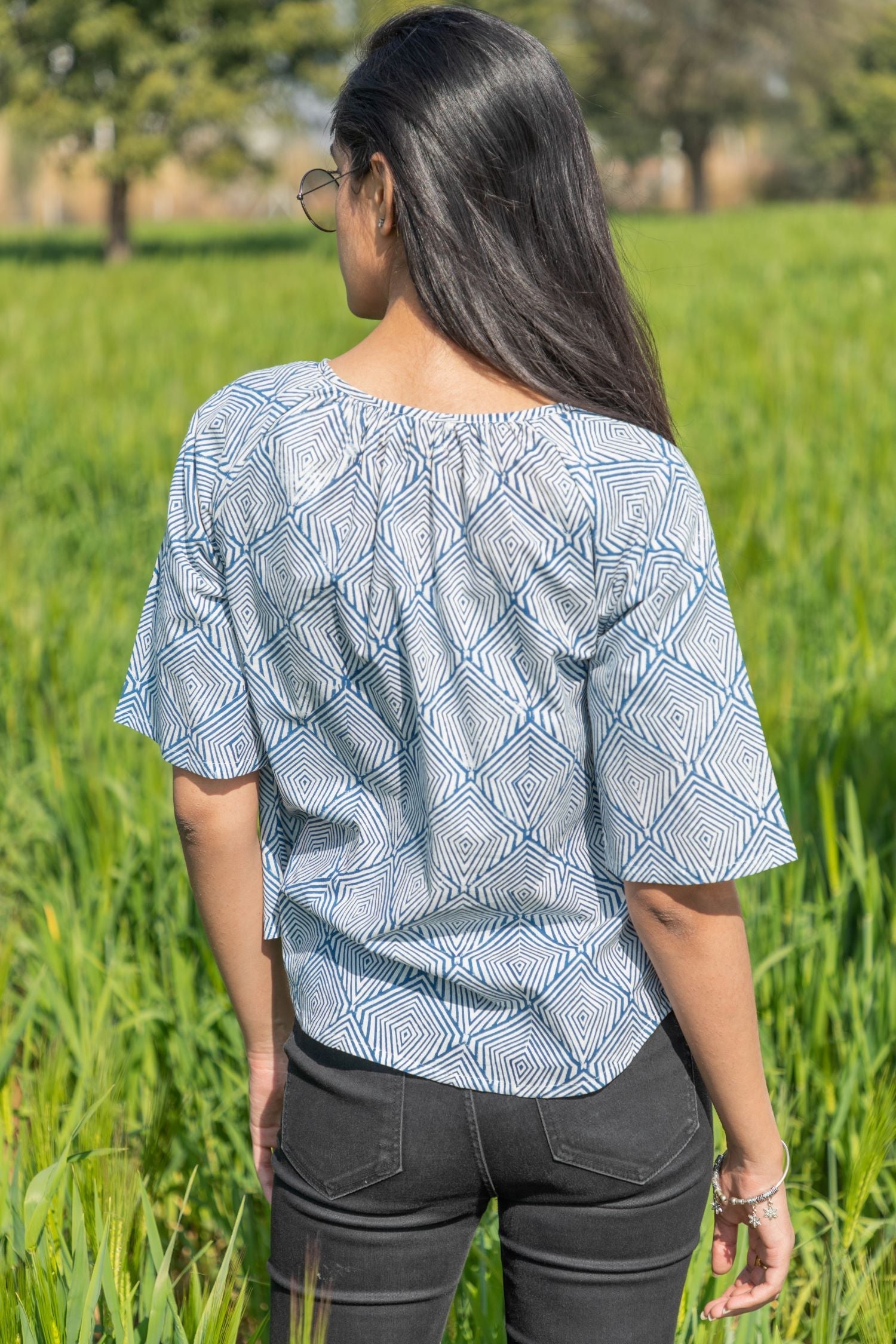 Sootisyahi 'Breezy Mint' Azofree Handblock Printed Pure Cotton Crop Top - SootiSyahi