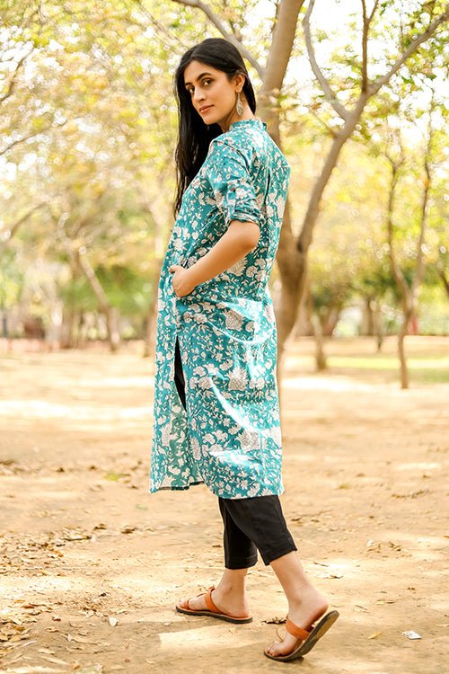 Sootisyahi 'Buds and Bushes' Azofree Handblock Printed Pure Cotton Kurti - SootiSyahi