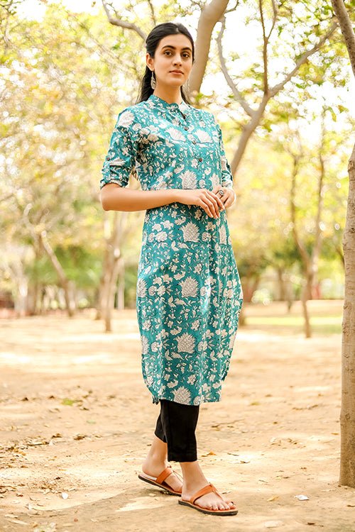 Sootisyahi 'Buds and Bushes' Azofree Handblock Printed Pure Cotton Kurti - SootiSyahi
