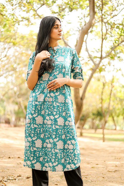 Sootisyahi 'Buds and Bushes' Azofree Handblock Printed Pure Cotton Kurti - SootiSyahi