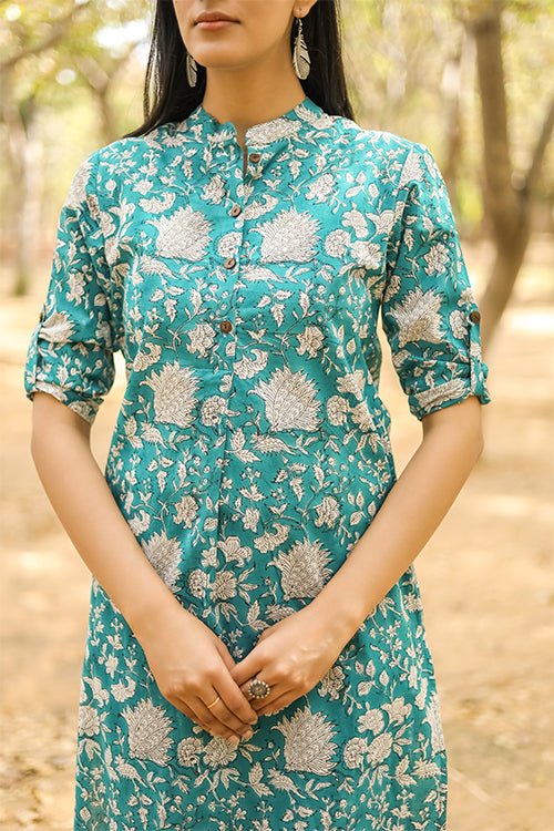 Sootisyahi 'Buds and Bushes' Azofree Handblock Printed Pure Cotton Kurti - SootiSyahi