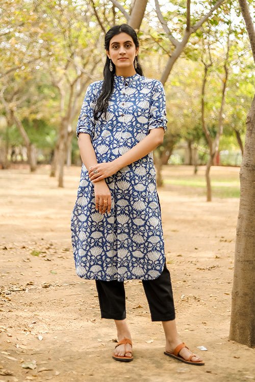 Sootisyahi 'Charm of the Sea' Azofree Handblock Printed Pure Cotton Kurti - SootiSyahi