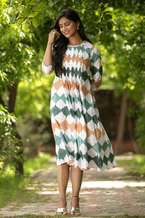 SootiSyahi 'Earthy Fall' Block Printed Cotton Dress - SootiSyahi