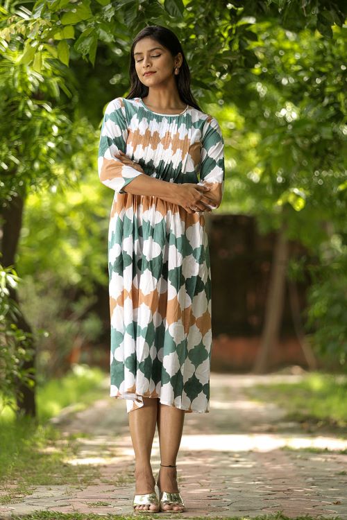SootiSyahi 'Earthy Fall' Block Printed Cotton Dress - SootiSyahi