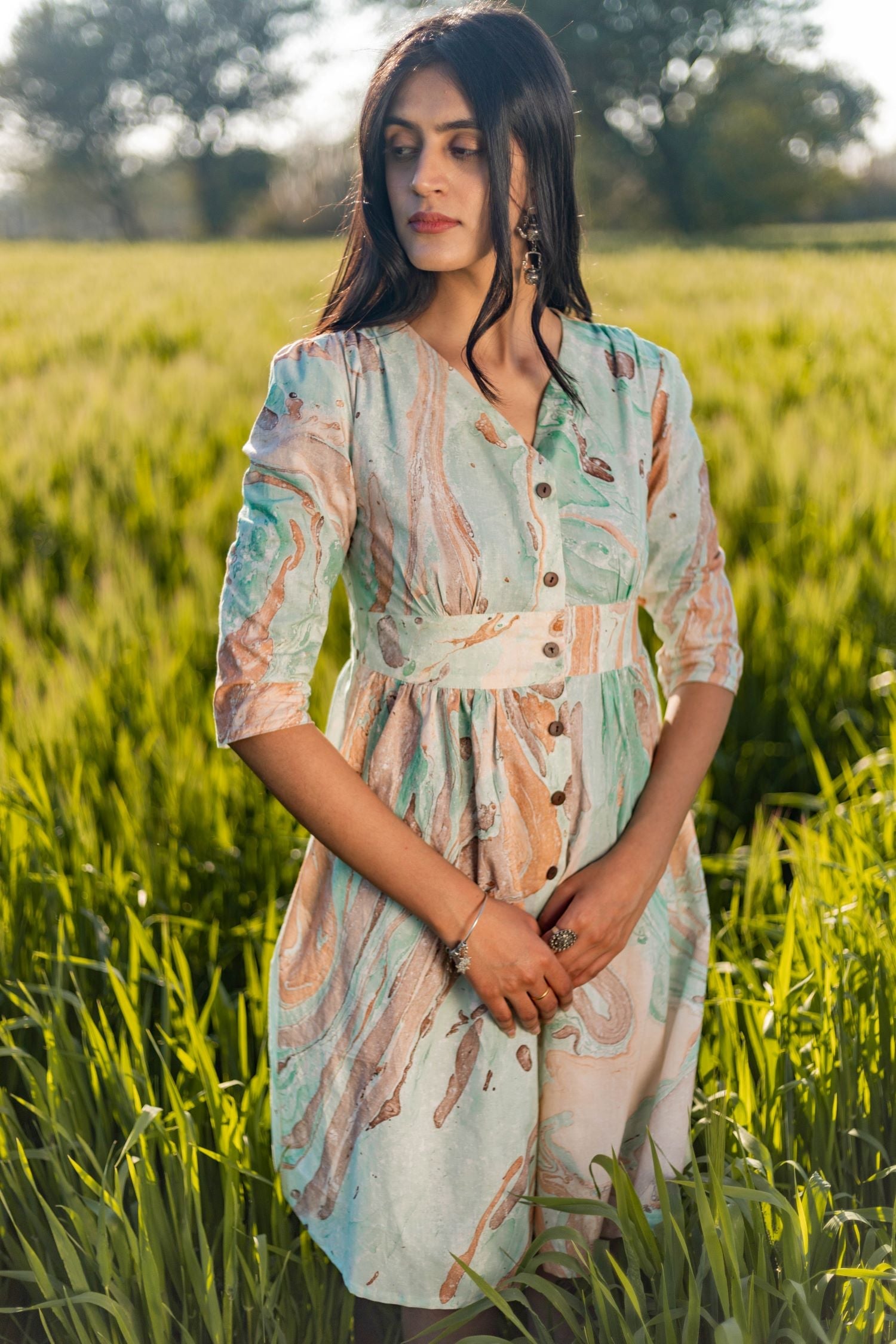 Sootisyahi 'Flow Rust' Handmarble Printed Pure Cotton Dress - SootiSyahi