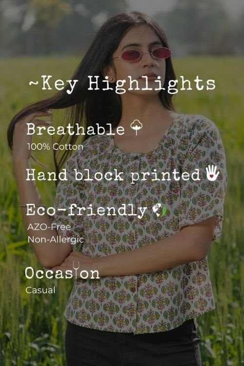 Sootisyahi 'Fresh Flora' Azofree Handblock Printed Pure Cotton Crop Top - SootiSyahi