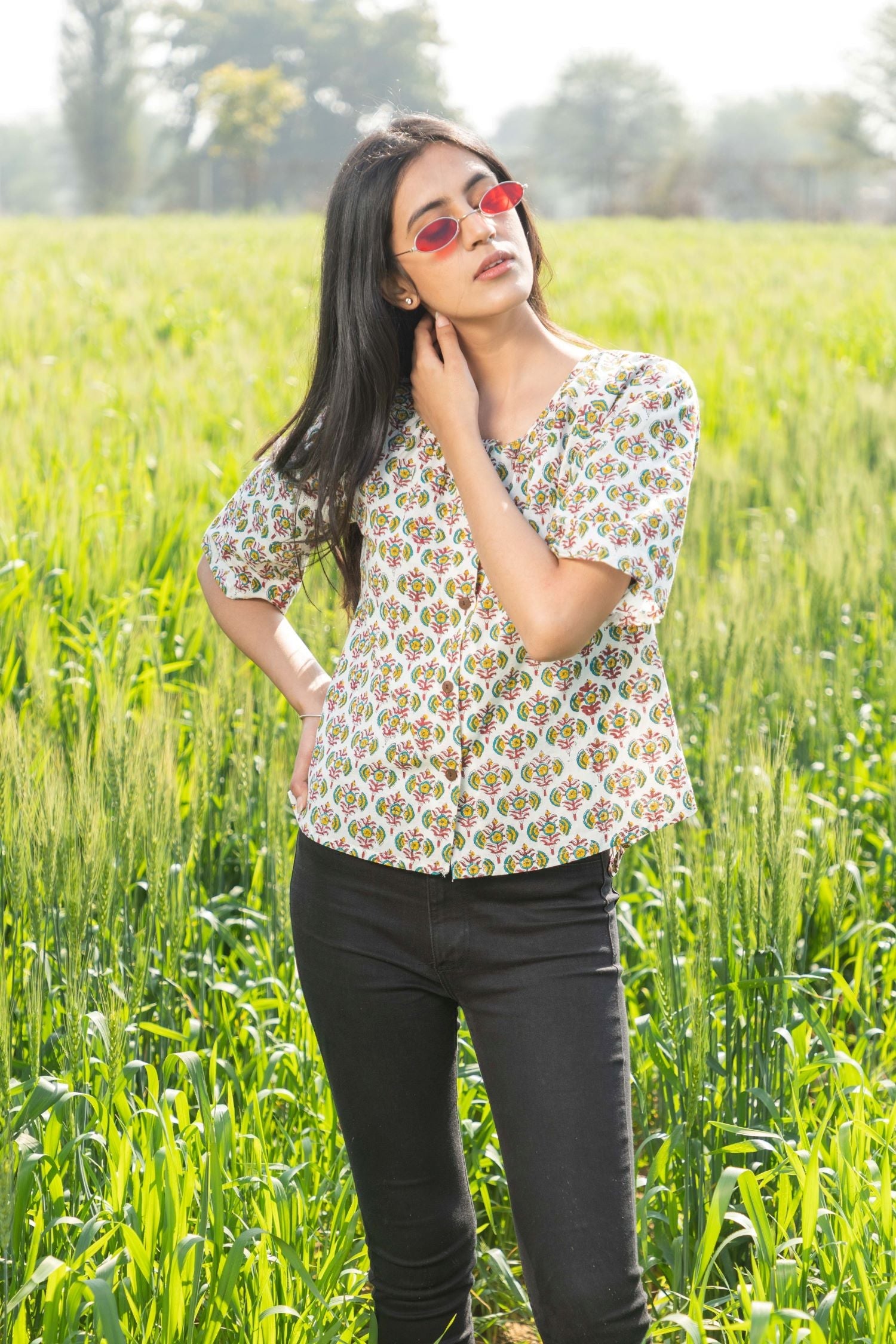 Sootisyahi 'Fresh Flora' Azofree Handblock Printed Pure Cotton Crop Top - SootiSyahi
