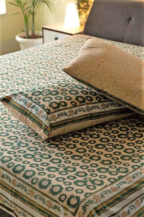 Sootisyahi 'Green Glow' Handblock Printed Cotton Bedsheet - SootiSyahi