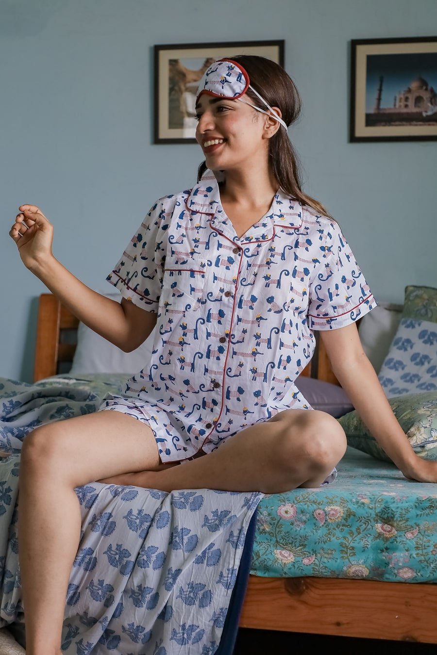 Sootisyahi 'Impish Puppy ' Azofree Handblock Printed Pure Cotton Night Suit - SootiSyahi