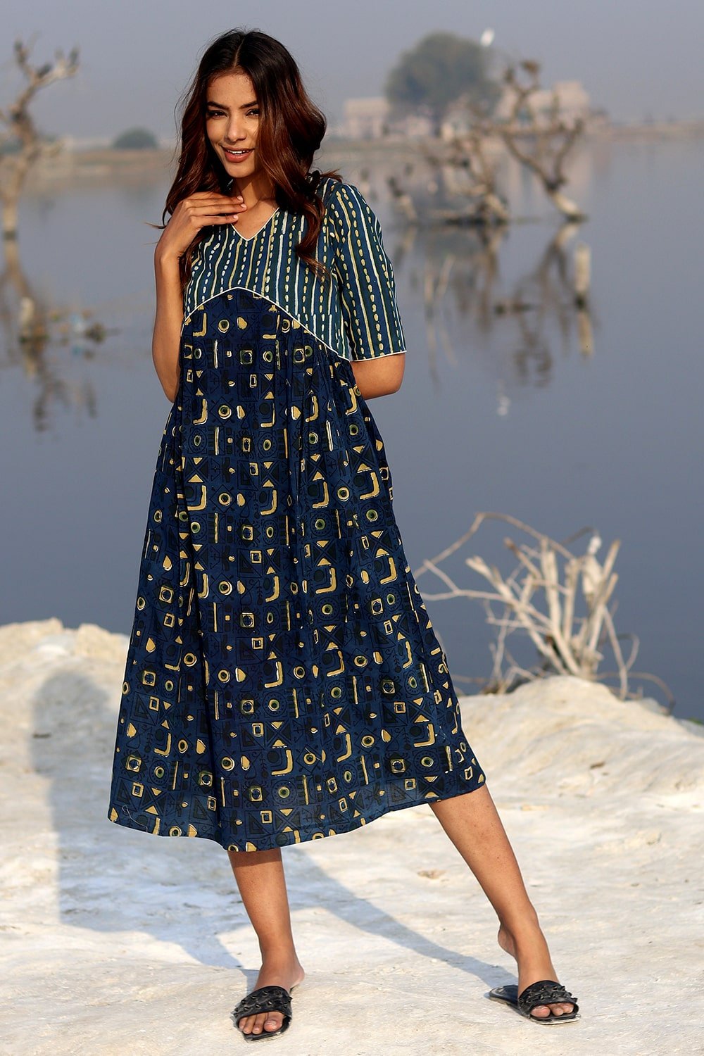 white christmas dresses Okhai Indigo Slosh Hand Block Printed Pure Cotton Dress For Women Online –  Okhaistore main image 1