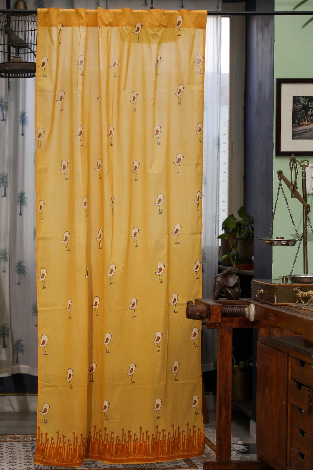 SootiSyahi 'Jungle Tale- Pastel Yellow' Handblock Printed Cotton Door Curatin - SootiSyahi
