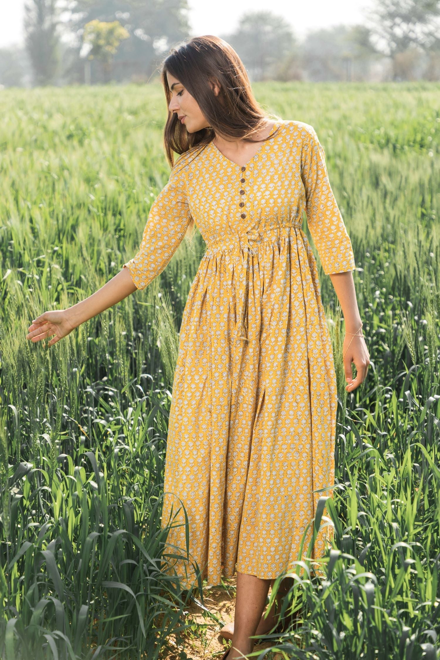 Sootisyahi 'Mustard Medow' Azofree Handblock Printed Pure Cotton Dress - SootiSyahi