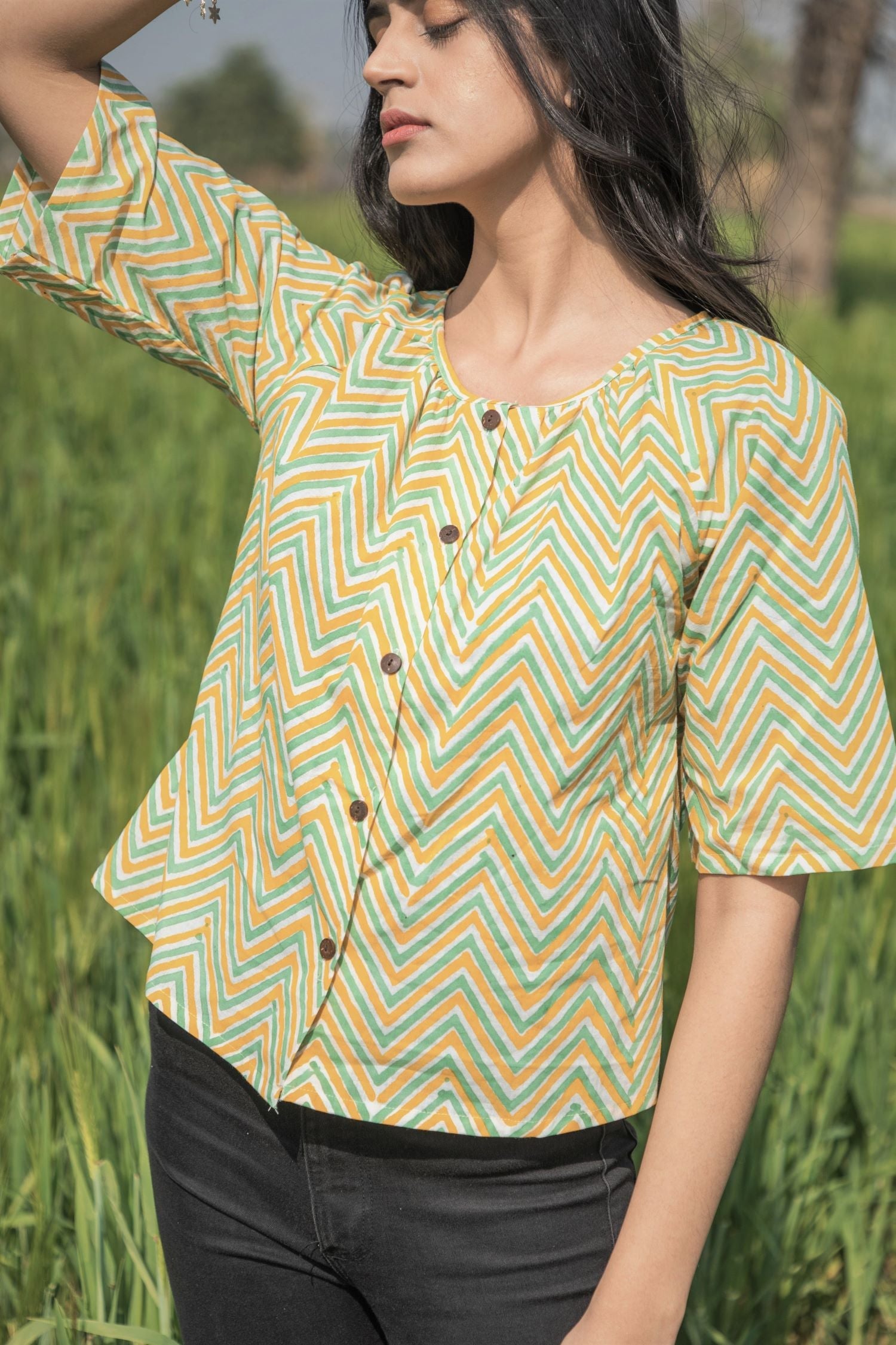 Sootisyahi 'Sea Breeze' Azofree Handblock Printed Pure Cotton Crop Top - SootiSyahi