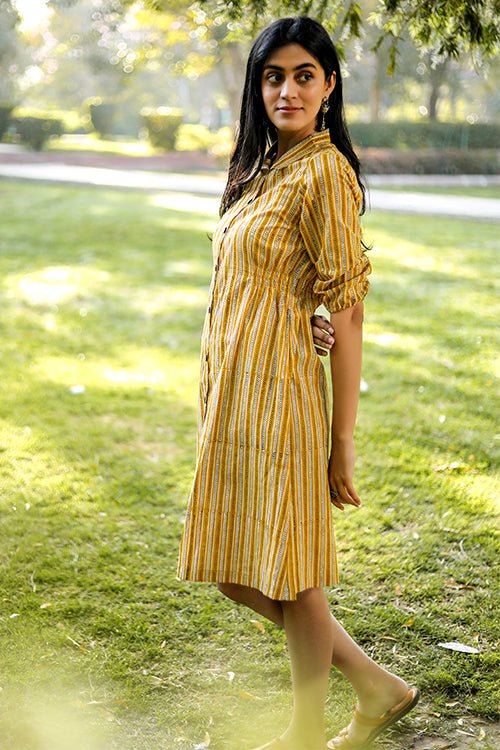 Sootisyahi 'Stripe-n-Stairs' Azofree Handblock Printed Pure Cotton Dress - SootiSyahi