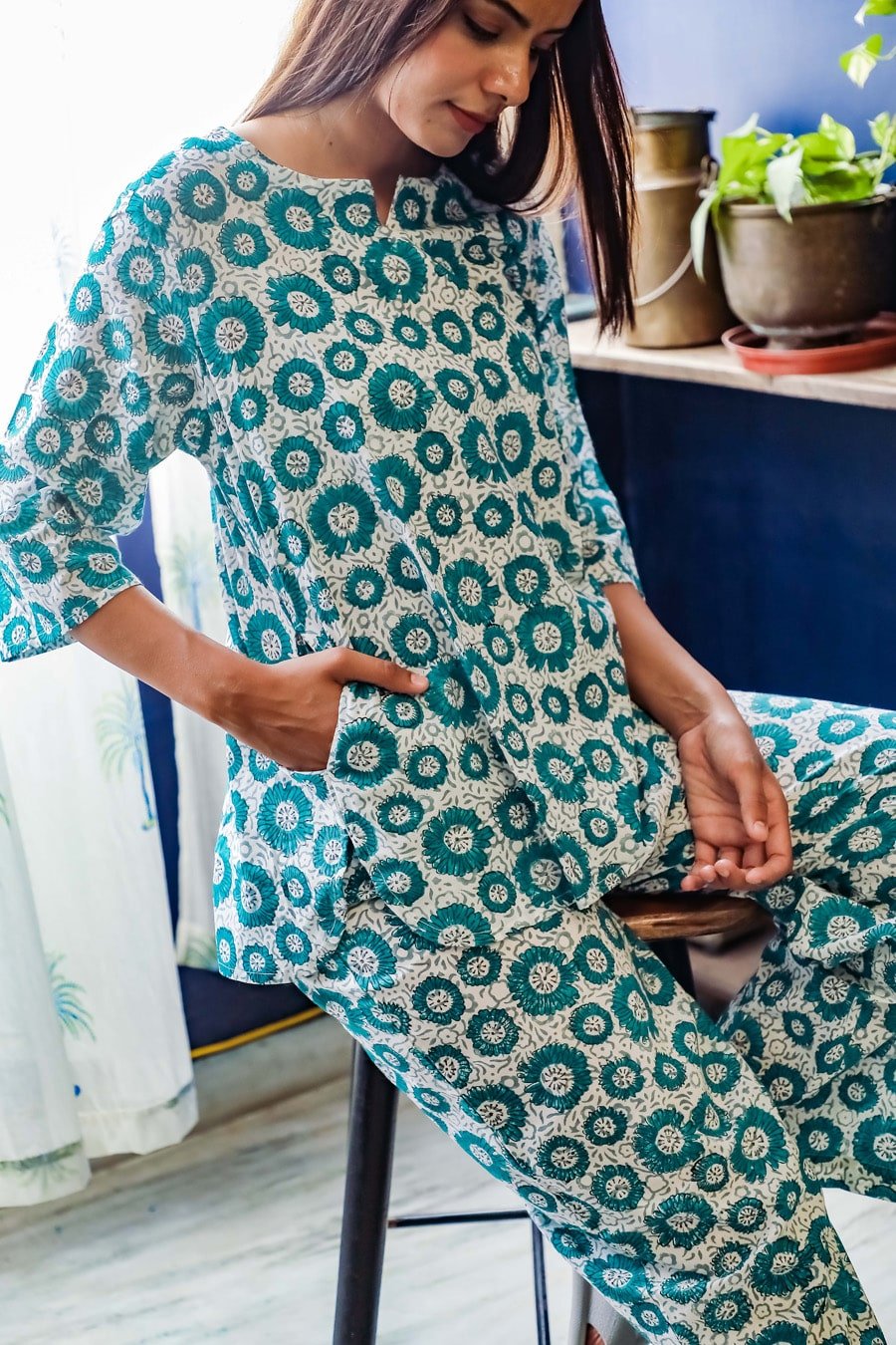 Sootisyahi 'Summer Glory ' Azofree Handblock Printed Pure Cotton Night Suit - SootiSyahi