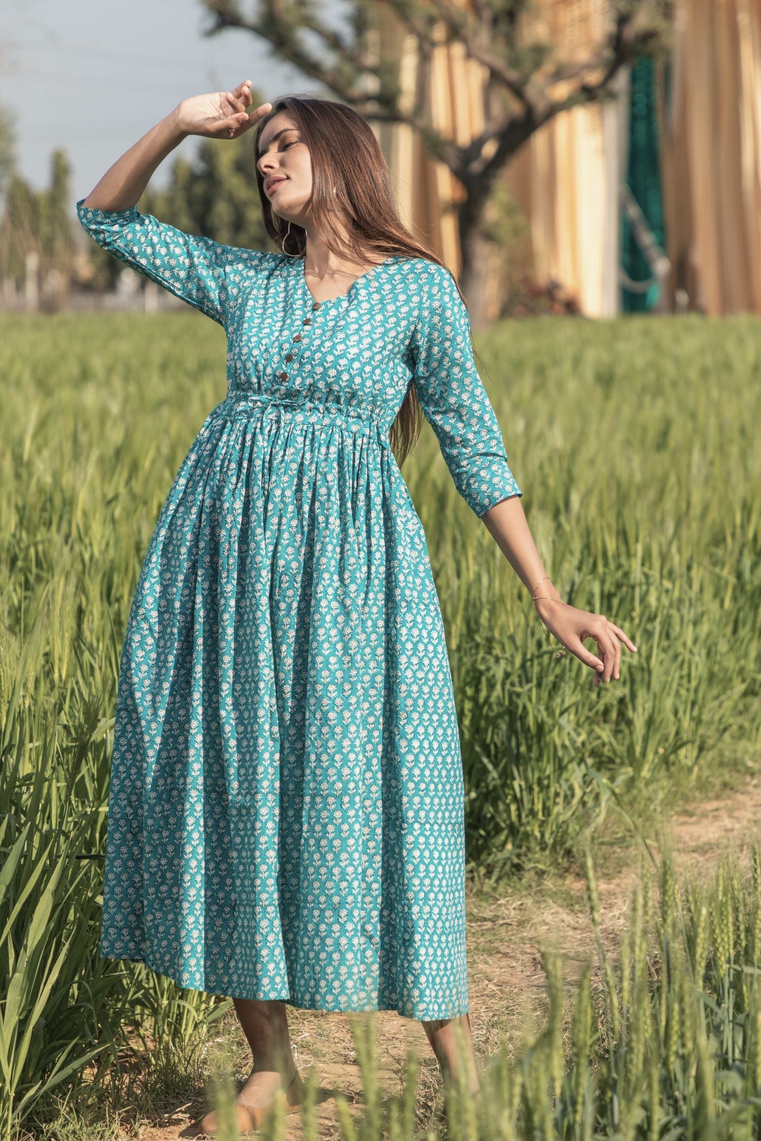 chinese dress ladies Sootisyahi 'Teel-n-Feel' Azofree Handblock Printed Pure Cotton Dress