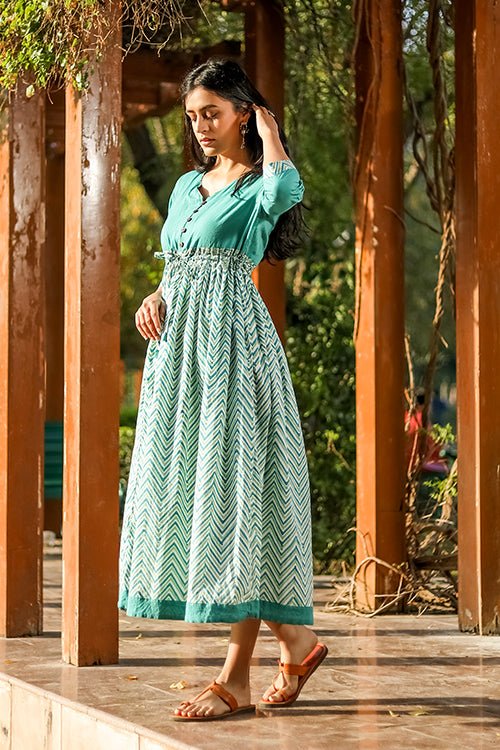 Sootisyahi 'Tropical Oasis' Azofree Handblock Printed Pure Cotton Dres