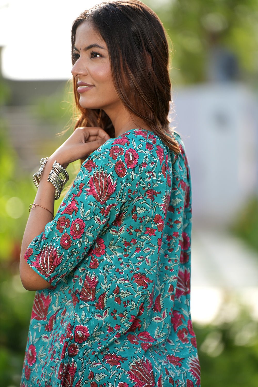 Turquoise WineHandblock Printed Cotton Top - SootiSyahi