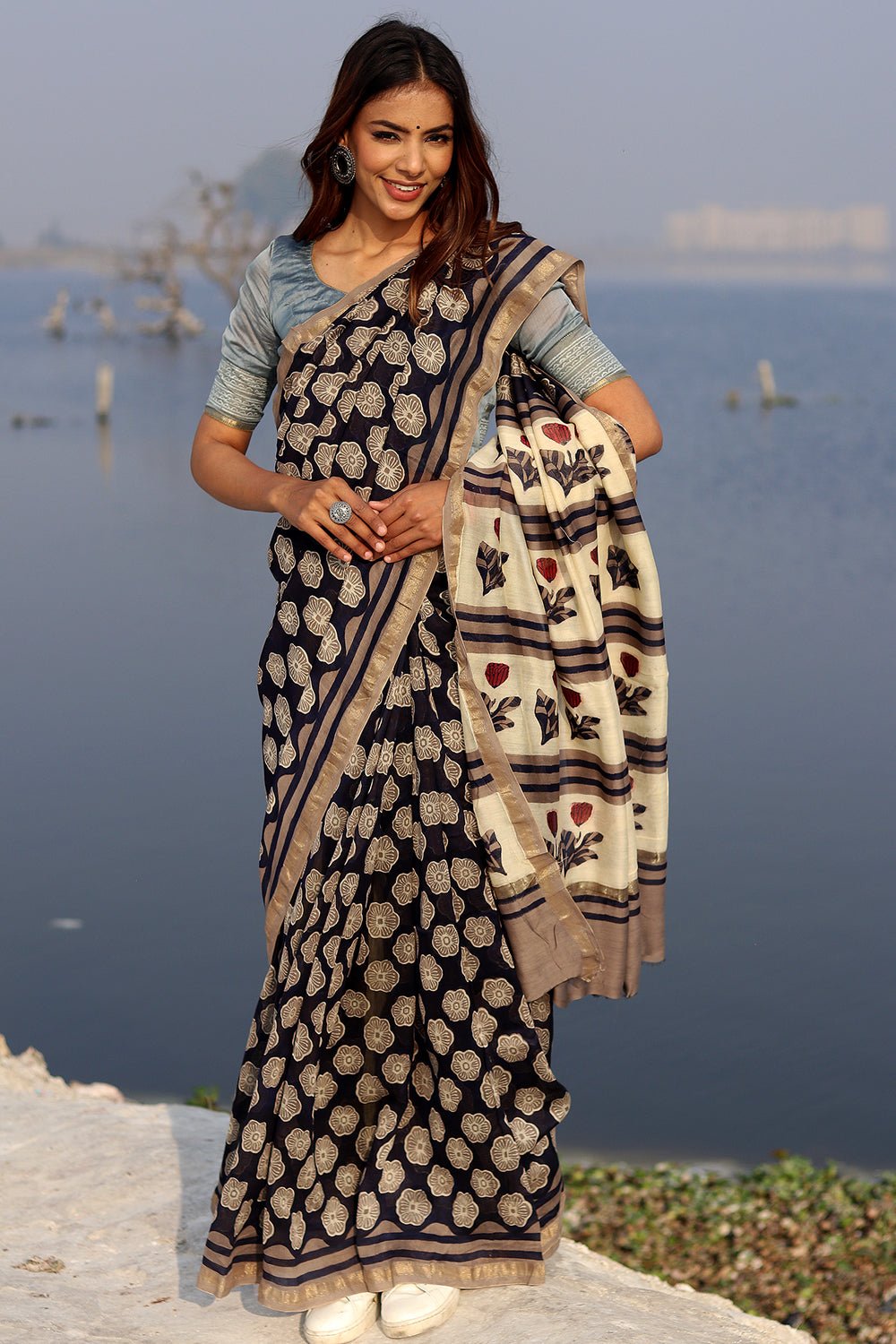 Whispered Black Handblock printed Chanderi Saree - SootiSyahi