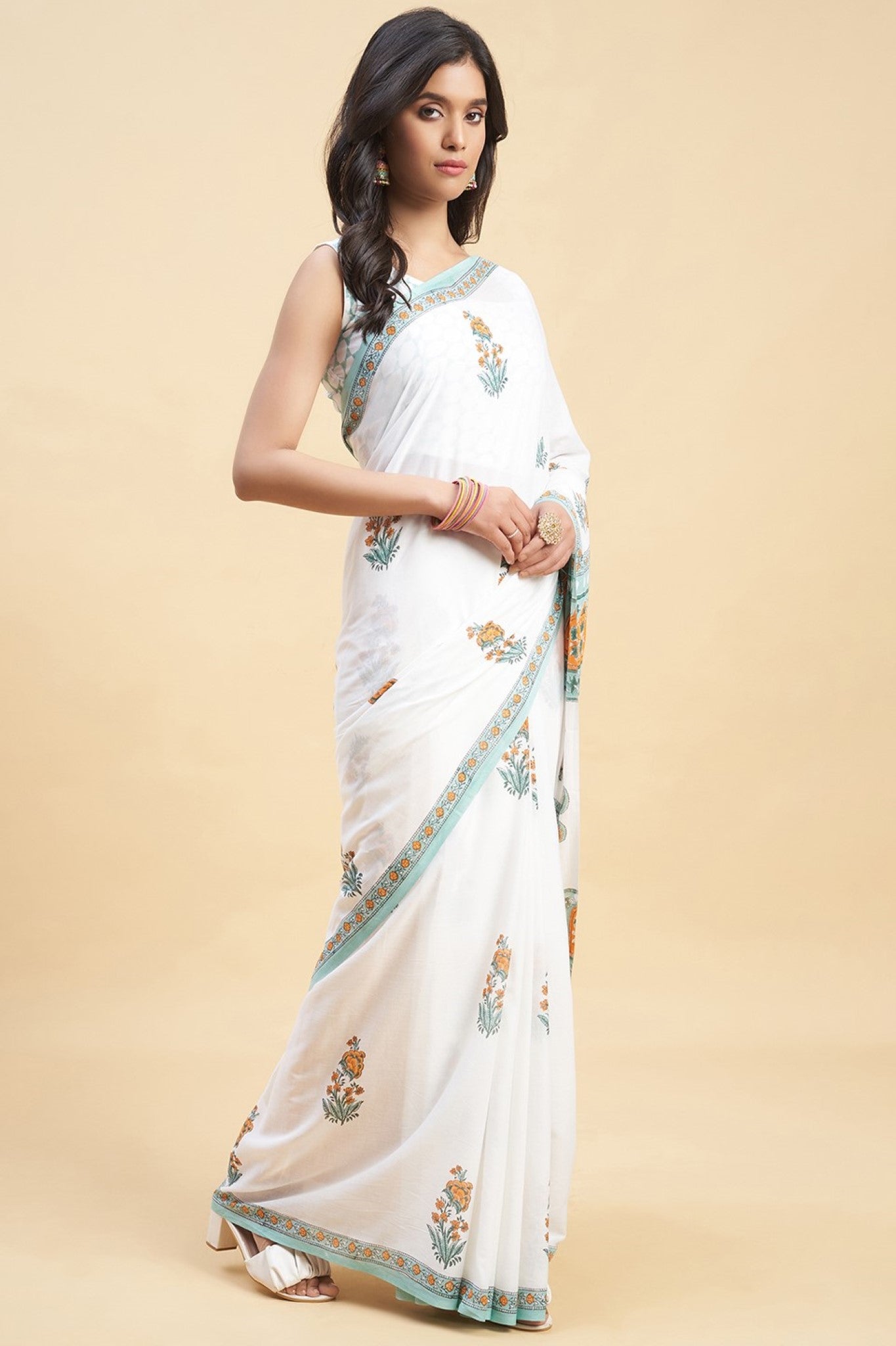 "Zinna Orange" HANDBLOCK PRINT MUL COTTON SAREE - SootiSyahi