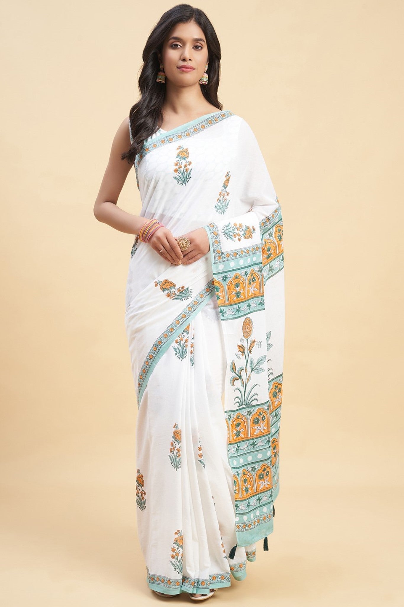 "Zinna Orange" HANDBLOCK PRINT MUL COTTON SAREE - SootiSyahi