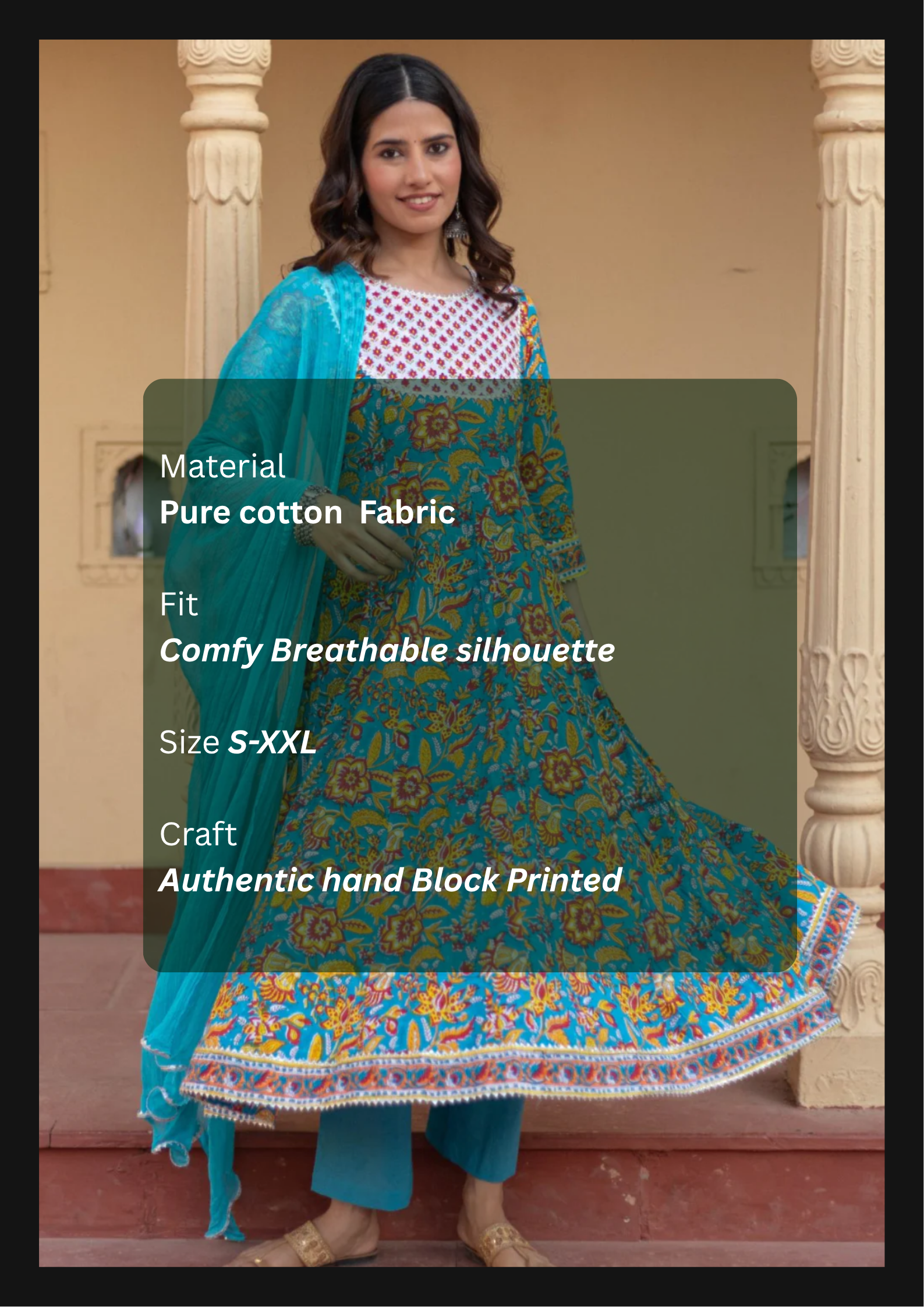 SootiSyahi-“Turquoise Festival" Hand Block Printed Cotton Suit Set