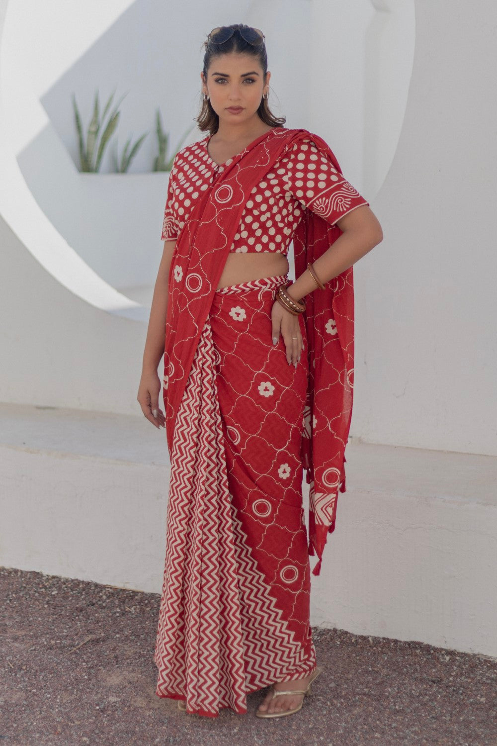 Ruby Circles - Hand Block Mul Mul Cotton Saree