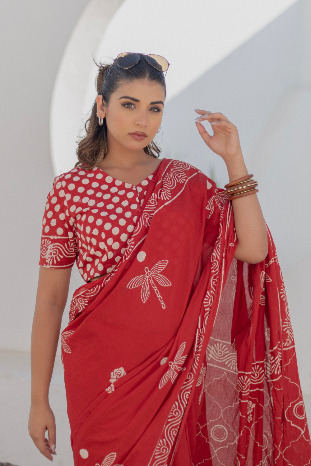 Crimson Dragonfly - Hand Block Mul Mul Cotton Saree