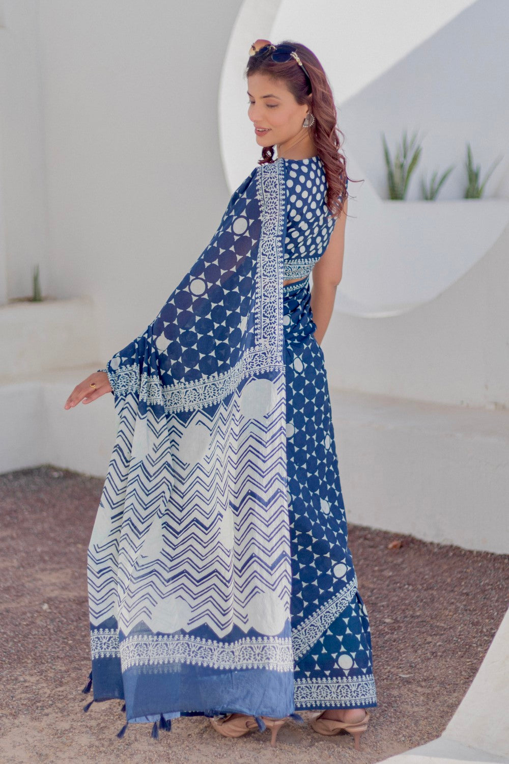 Navy Stars - Hand Block Mul Cotton Saree - SootiSyahi