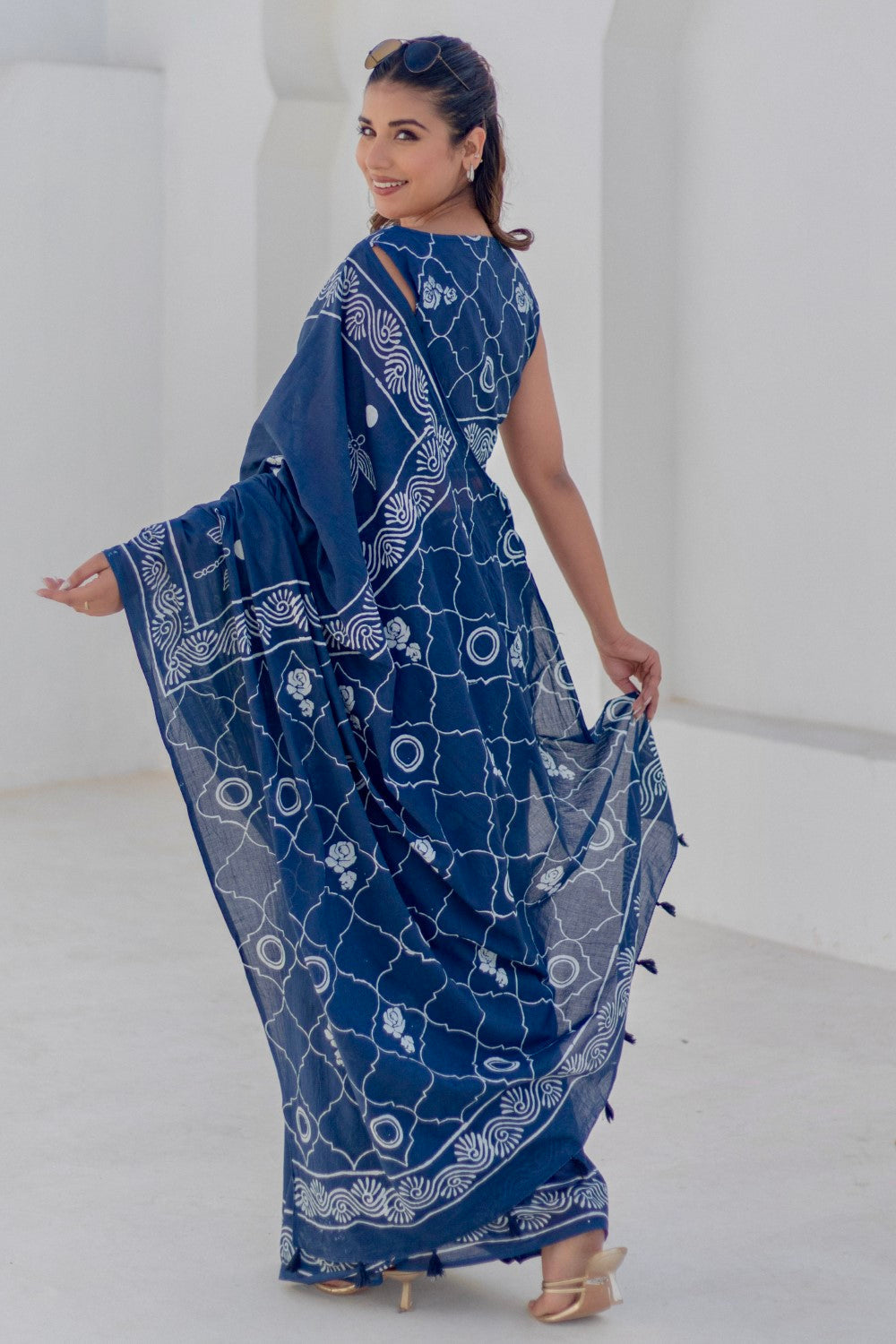 Indigo Dragonflies - Hand Block Mul Cotton Saree - SootiSyahi