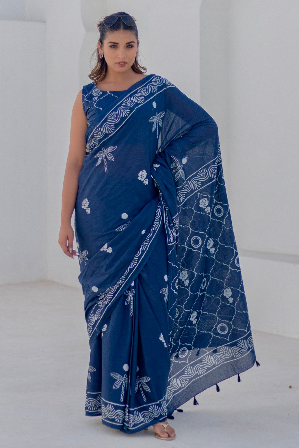 Indigo Dragonflies - Hand Block Mul Cotton Saree - SootiSyahi