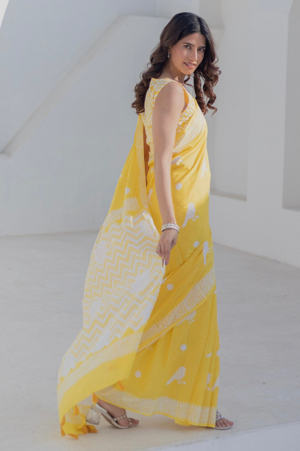 Golden Birds - Hand Block Mul Cotton Saree - SootiSyahi