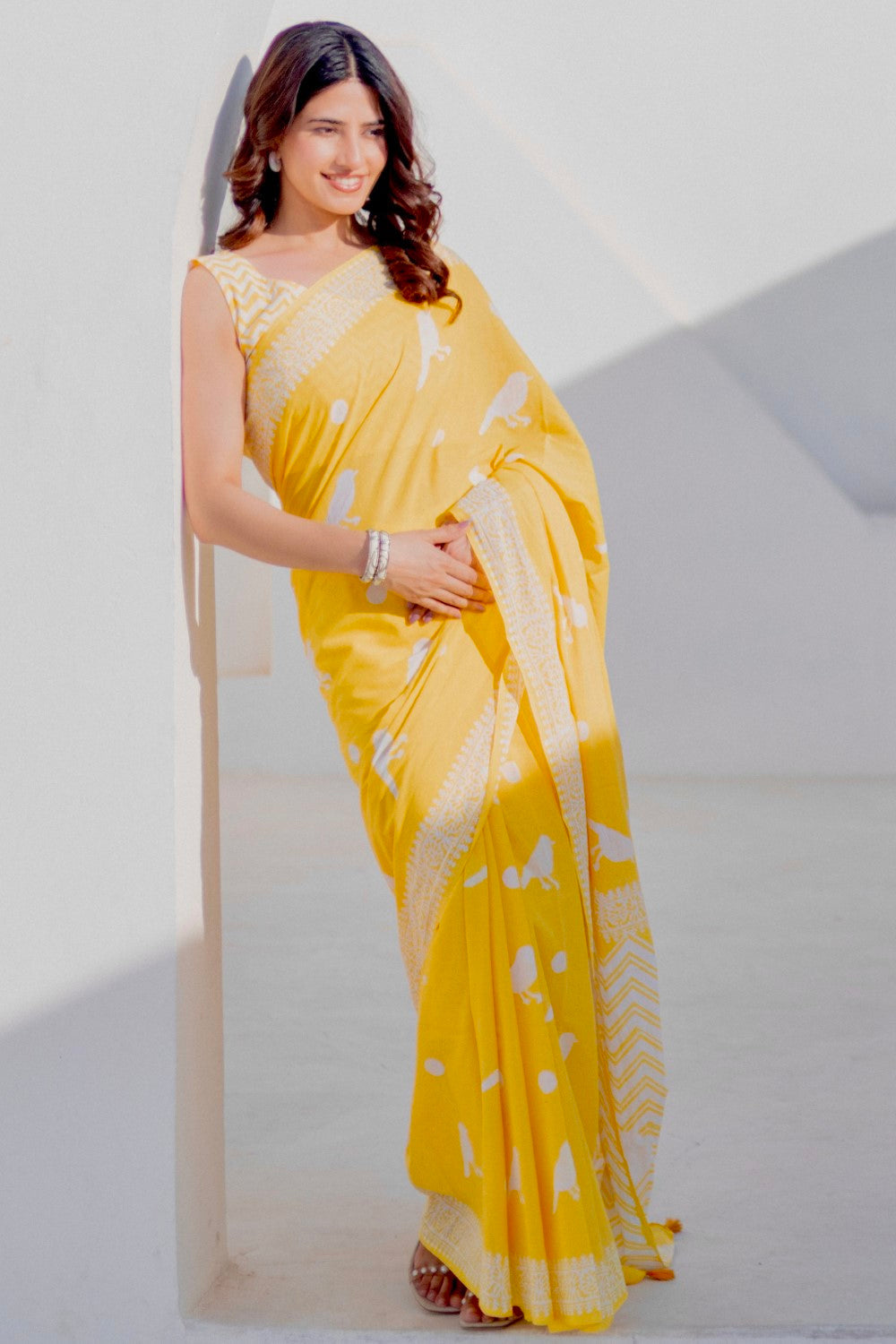 Golden Birds - Hand Block Mul Cotton Saree - SootiSyahi