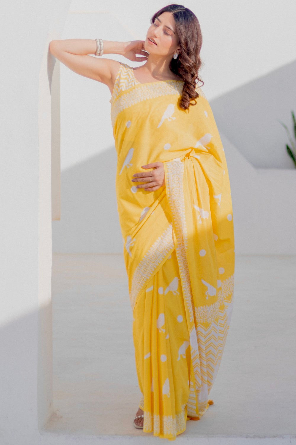 Golden Birds - Hand Block Mul Cotton Saree - SootiSyahi
