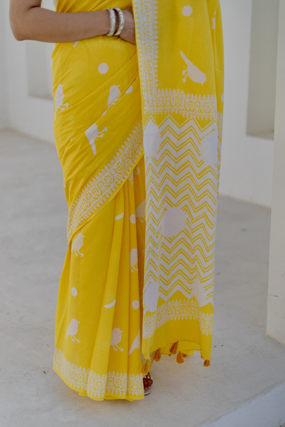 Golden Birds - Hand Block Mul Cotton Saree - SootiSyahi