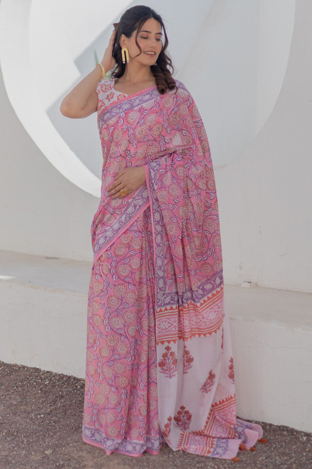 Rose Paisley-handblock-print-mul-cotton-saree