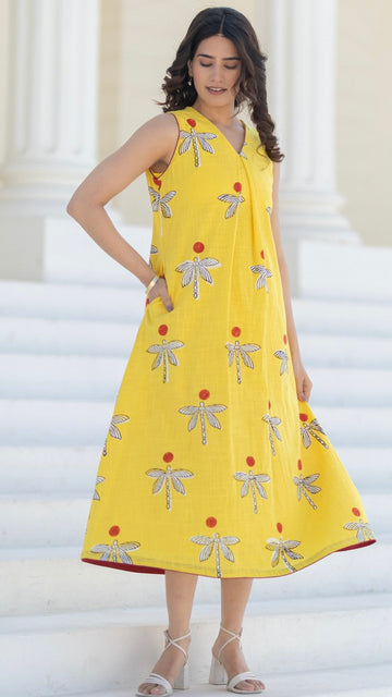 'Dragonfly Dreams' Hand Block Printed Cotton Dress